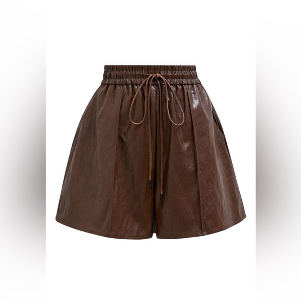 Faux leather drawstring shorts brown NWOT autumn style - Picture 1 of 4